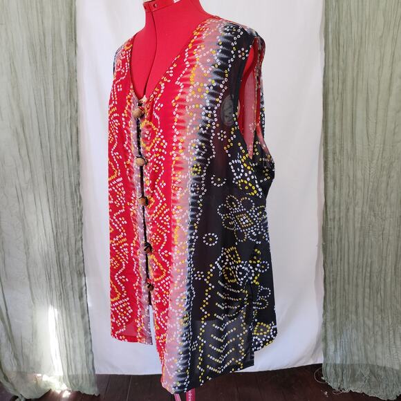 Silhouettes Red Black Sleeveless  Silky  Button Tunic Blouse Size 3X - Picture 2 of 4